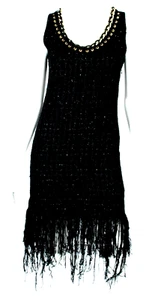 Vestido BALMAIN Negro Boucle Tweed Cadena Dorada Escote Flecos Dobladillo Cambio 36 - Imagen 1 de 7