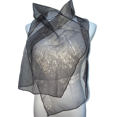 Винтажный прозрачный шарф черный с золотыми тонкими нитями аксессуар для волос на шее - Изображение 1 из 4