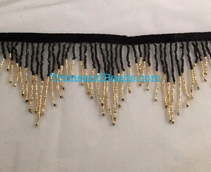 3" BLACK/GOLD Glass BUGLE Bead CHEVRON Beaded Ombre Fringe Lamp Costume Trim - Picture 1 of 1