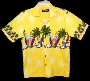 Sz L Favant Hawaiian Aloha Shirt Surf Boards 100% Cotton Yellow Multi - Picture 1 of 3
