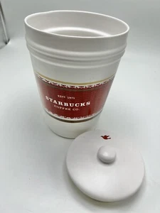 2009 Starbucks Coffee Canister Cookie Jar White Ceramic Red Sweater Logo w/ Lid - Picture 1 of 7