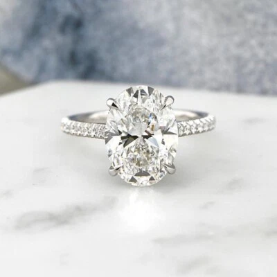 2ct Oval Cut Pave Set Round Lab Grown 18k White Gold Solitaire Engagement Ring - Image 1 of 4