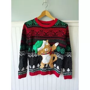 Ugly Christmas Sweater Cat Dab Dabbing Girls Large Holiday Nordic Red Black - Picture 1 of 8