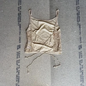 Y2K vintage crochet knit backless top strappy sequin cropped gold round neck - Picture 1 of 4