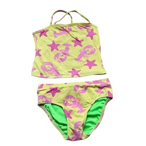 Girls 6X Corky's Kids Yellow Pink Green Starfish Lobster Tankini Lined Swimsuit - Picture 1 of 2