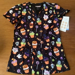 Elite Med Performance Damen Scrub Top Halloween V-Ausschnitt Taschen Gr. S - Bild 1 von 10