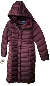 Land’s End Women's Ultralight Down Long Jacket SZ XS With Hoodie Burgundy - Picture 1 of 9