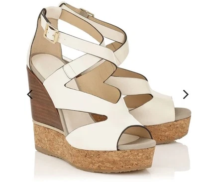 Jimmy Choo Nate 120 坡跟 6 码拿铁混合皮革软木高跟鞋  — 第 1/4 张图片