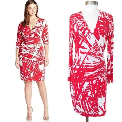 CALVIN KLEIN Jersey Faux Wrap  Sheath Dress Size 10 Long Sleeve Punch Pink White - Image 1 of 4