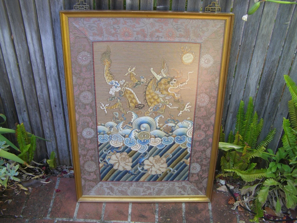 Antique Chinese Silk Kesi Kosu Dragon Robe Embroidery Fragment Framed 32X22. - Image 1 of 4