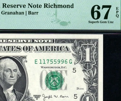 1963b 1902-E $1 Richmond BARR Federal Reserve Note • PMG 67 EPQ *RARE E-G Block - Image 1 of 3