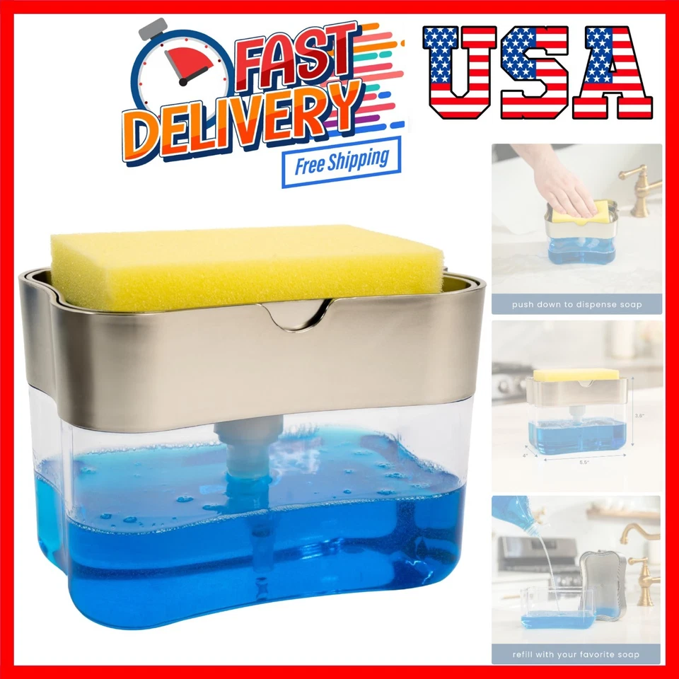 Dishwashing Dish Soap Dispenser Sponge Holder 2 In1 Countertop Pump 13 Ounces