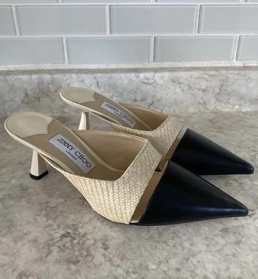 Jimmy Choo Zalea 65 Nappa Raffia Latte Black Heels Mules 39.5 (US 9.5) - Image 1 of 4