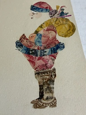 Vintage Cancelled Postage Stamp Collage, Estate Find Santa W Bag - Image 1 of 2