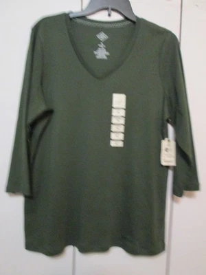 St. John's Bay женщин v-образным вырезом 3/4 рукав мягкий хлопок футболка дуб Moss размер XL - Изображение 1 из 4