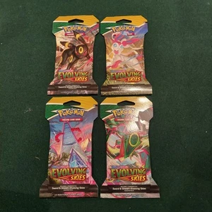 POKEMON EVOLVING SKIES SLEEVED BOOSTER PACKS ALL 4 ART WORK SET FACTORY SEALED - Picture 1 of 2
