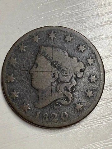 1820 Large Cent, Coronet Head, very early type coin, scratched, 99c shipping Cover
