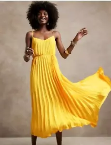 NWT Banana Republic Spaghetti Straps Maxi/ Ankle Pleated Lined Dress Yellow L/XL - Picture 1 of 16