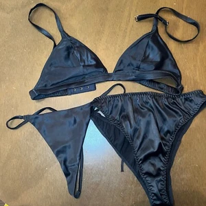 Luminous Glow Black Satin Bralette, Thong, and Lace Up Cheeky, XS, NWOT - Picture 1 of 12