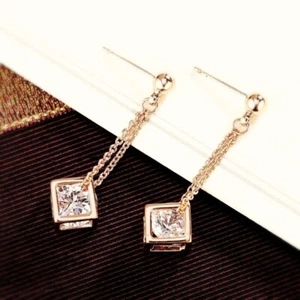 18K Rose Gold Filled Cubic Zirconia Stylish Double Chain Drop 3D Box Earrings - Picture 1 of 4