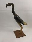 Carved Horn Bird Figurine 8" Water Fowl Flamingo Vintage Sculpture On Wood Base