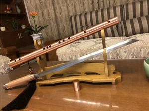 Folded Damascus Steel Secret Sword Flute Straight Single Edged Combat Ninja War - Picture 1 of 8