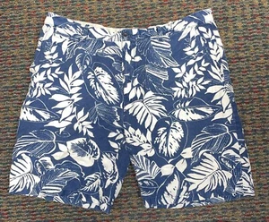 Island Shores Tropical Shorts Mens Size 40 Blue White Leaf Floral Linen Blend - Picture 1 of 8