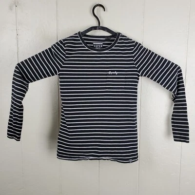 Camisa Súper Seca Mujer Talla 2 Negro Blanco Rayas Cuello Redondo Manga Larga Bolsillos Foto 1 de 4