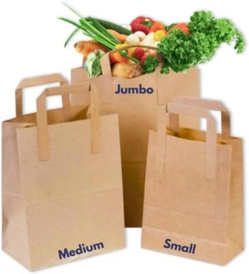 SALE Brown Kraft Paper Bags SOS Food Carrier Bags With Handles Parties Takeaway - Image 1 of 4