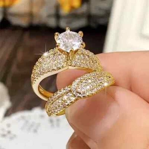 2.50 Ct Round Cut Real Moissanite 14k Yellow Gold Plated Bridal Wedding Ring Set - Picture 1 of 4