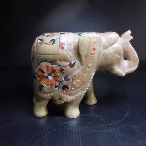 Statue sculpture éléphant marbre pierre Agra Inde art déco fleur fait main N7637 - Imagen 1 de 12