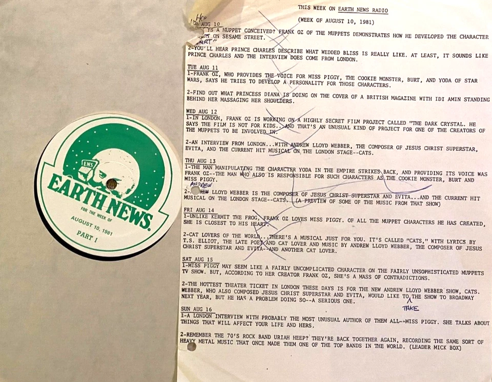 8/10/81 EARTH NEWS RADIO 7 EXTENDED INTERVIEWS FRANK OZ, 4 w/ANDREW LLOYD WEBBER - Image 1 of 1