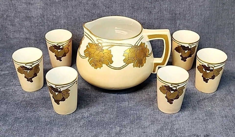 Jarra de sidra Thun Art Deco pintada a mano hojas doradas y 6 tazas checas años 20 s-1B Foto 1 de 4