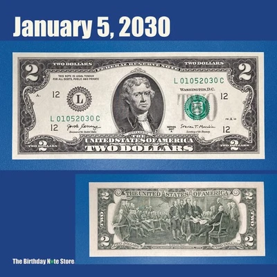 January 5, 2030 Birthday Anniversary $2 Two Dollar Bill Serial Number 01052030 - Image 1 of 2