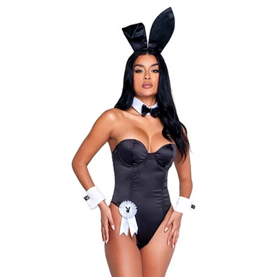 Black Playboy Bunny Costume Set Bodysuit Rabbit Ears Tail Cuffs Bow Tie PB156 - Image 1 of 4
