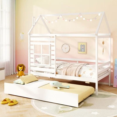 Cama de casal tamanho duplo com rodízio cama plataforma de madeira com chaminé e janela no telhado - Imagem 1 de 4