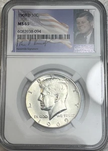 1969 -D Kennedy Silver Half Dollar 50 Cents NGC Certified MS65 JFK Label & Sign - Picture 1 of 12