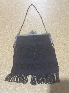 Antique 1920s Navy Blue Beaded Purse w/ Silver Filigree Frame & Fringe Deco - Picture 1 of 10