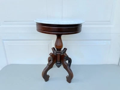 Antigua mesa auxiliar redonda de salón de caoba con tapa de mármol Italia 14"x19" lote #1 Foto 1 de 4