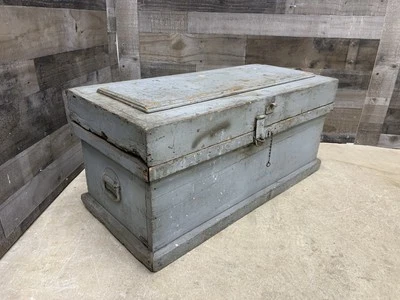 Antique Carpenters Chest Gray Wood Storage Trunk Tool Box Farmhouse Primitive - Image 1 of 4