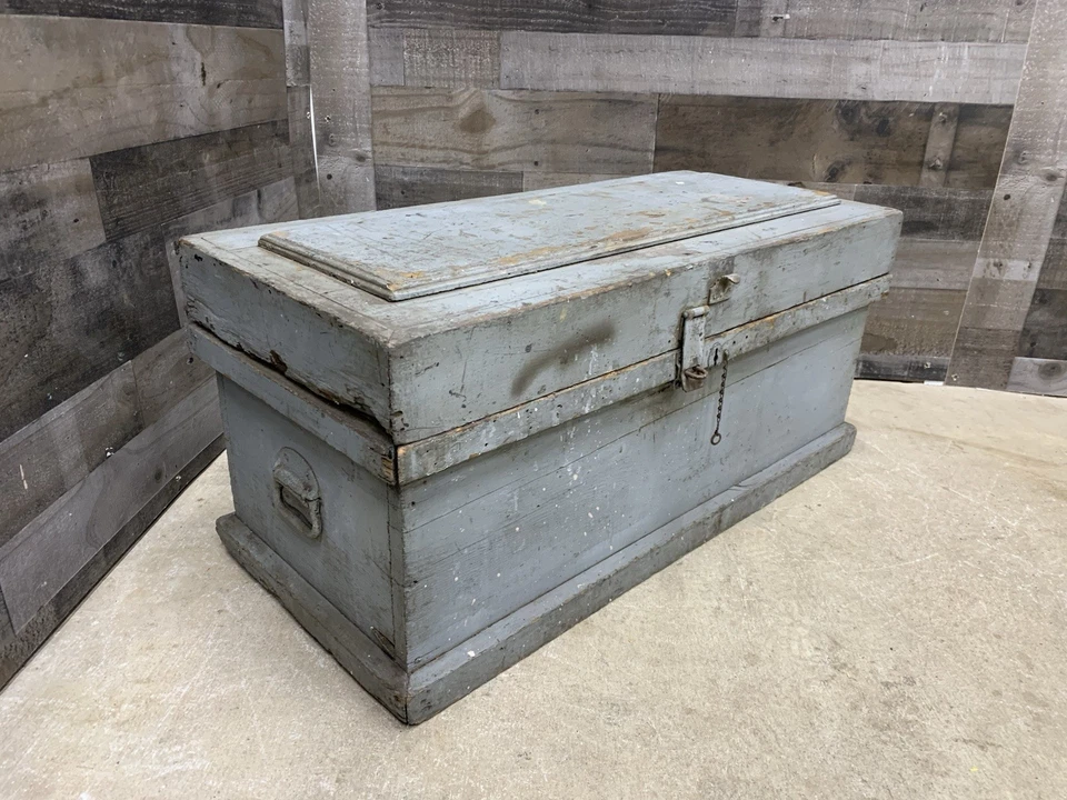 Antique Carpenters Chest Gray Wood Storage Trunk Tool Box Farmhouse Primitive - Image 1 of 4
