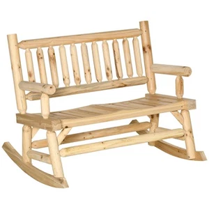 2-Person Patio Rocking Chair Wooden Log Loveseat Rocker Backyard Garden Walnut - Picture 1 of 11
