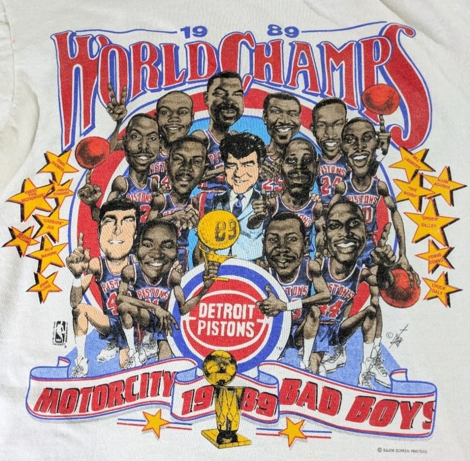 Vtg Detroit Pistons Tee Large Bad Boys Single Stitch Screen Star NBA Charicature - Image 1 of 4