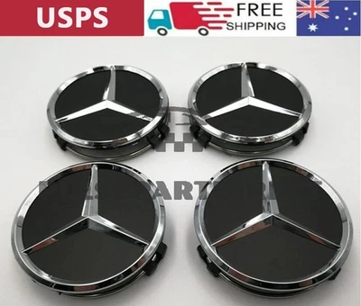 BLACK MERCEDES BENZ SET OF 4 X 75MM/2.95in Wheel Center Caps Fits Most Models US Foto 1 de 4