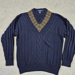 Nautica Cable Knit Tennis Sweater Mens Large Navy Cricket Chunk Preppy Vintage  - Picture 1 of 11