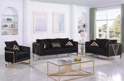 NUEVO 3 PIEZAS Sofá Loveseat Negro Dorado Silla Contemporáneo Lujo Glamour Terciopelo Sala de estar Foto 1 de 4