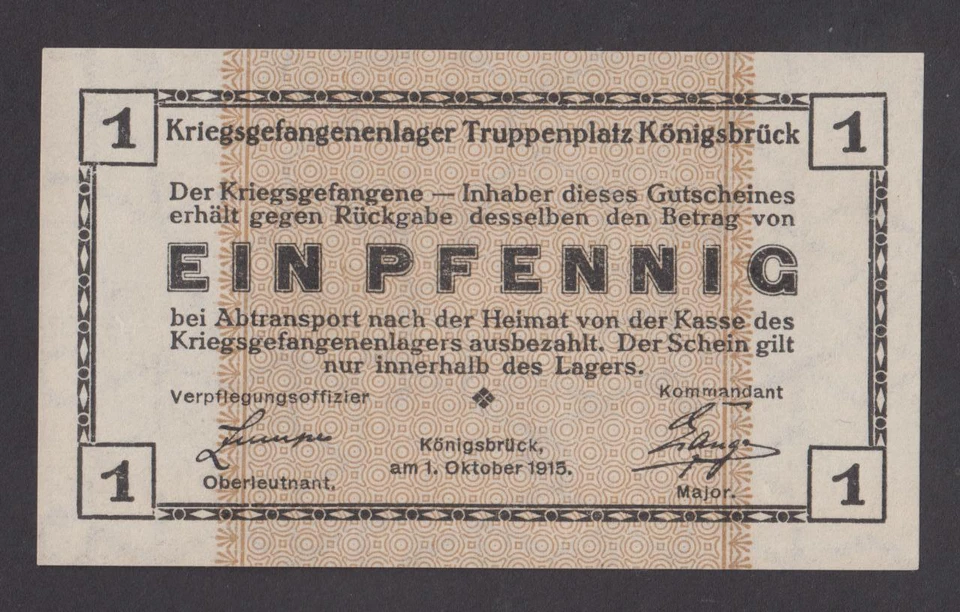 🔴GERMANY  1  Pfennig 1915  UNC   POW -  WWI Concentration Camp  KONIGSBRUCK - Image 1 of 1