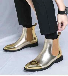 British Western Style Mens Pull On Chelsea Ankle Boots Clubwear PU Leather Shoes - Picture 1 of 19