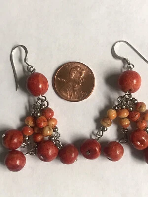 1970's NOS Natural Apple Coral Sterling Chandelier Earrings 2 3/4" 10 grams  - Image 1 of 4