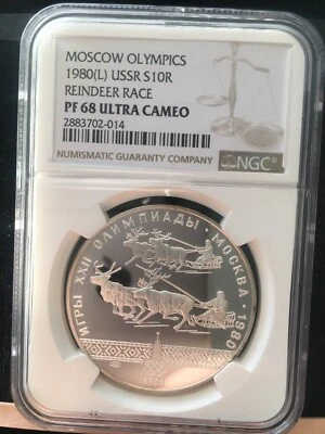1980 (L)  Russia Olympics, Reindeer Race, 10 Rouble,  NGC Graded**PF-68 UC** — 第 1/2 张图片